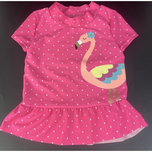 Carter's Other - Carters Pink Polka Dot Flamingo Rash Guard Swim Top Ruffle Hem Size 4 5